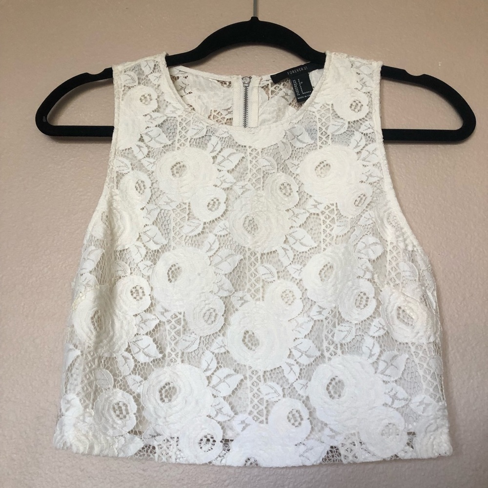 FOREVER 21 White Lace Crop Top with Zip
